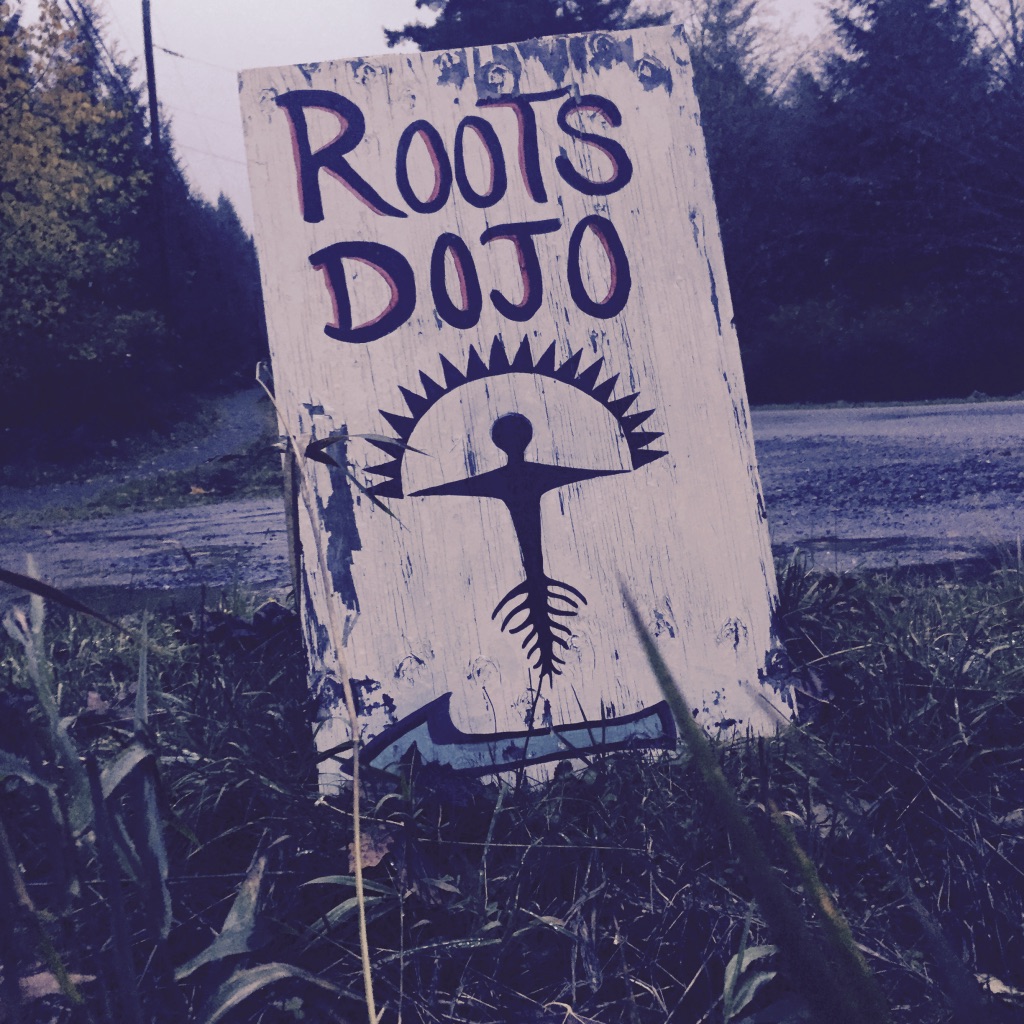 A hand-painted Roots Dojo sign beside the road