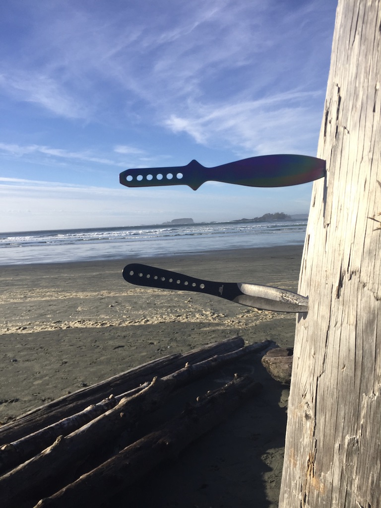 Two throwing knives embedded in wood beside a beach