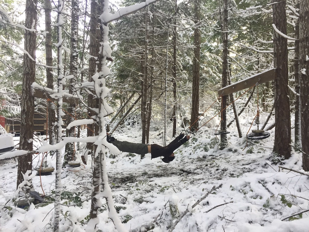 A person on suspended outdoor training equipment among snowy trees